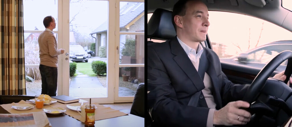 Links steht ein Mann an einer Glastür und blickt nach draußen; rechts fährt er in einer Anzugsjacke ein Auto und scheint konzentriert zu sein - vielleicht denkt er über ERP-Strategien für die Arbeit nach.