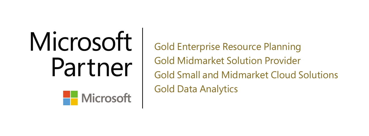 Microsoft Partner-Logo mit Microsofts vierfarbigem Quadrat. Text listet Zertifizierungen auf: Gold ERP (Enterprise Resource Planning), Gold Midmarket Solution Provider, Gold Small and Midmarket Cloud Solutions und Gold Data Analytics.