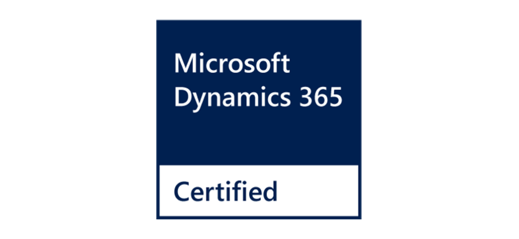 Microsoft Dynamics 365 Certified Abzeichen mit weißem Text auf dunkelblauem Hintergrund, das die offizielle Zertifizierung für Microsoft Dynamics 365 ERP-Lösungen anzeigt.