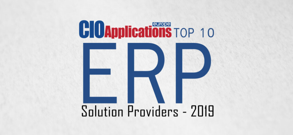 Logo für CIO Applications Europe mit dem Text Top 10 ERP Solution Providers - 2019 auf einem strukturierten weißen Hintergrund, der die Exzellenz von ERP-Lösungen hervorhebt.