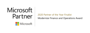 Microsoft Partner-Logo mit dem Text: 2020 Partner of the Year Finalist, Modernize Finance and Operations ERP Award, und einem farbigen Microsoft-Logo unter dem Wort Partner.
