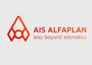 Logo mit geometrischem, abstraktem rot-orangem Design auf der linken Seite; auf der rechten Seite steht der Text "AIS ALFAPLAN" über dem Slogan "way beyond telematics", der die Integration mit ERP in einem passenden rot-orangen Farbverlauf hervorhebt.