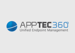 AppTec360-Logo mit einer blauen 3D-Kugel auf der linken Seite und dem Text "APPTEC360 Unified Endpoint Management & ERP" in Schwarz und Blau auf der rechten Seite.