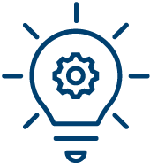 Umriss einer Glühbirne mit einem Zahnrad darin, umgeben von Lichtstrahlen, die Innovation, Ideen und technische ERP-Lösungen symbolisieren.