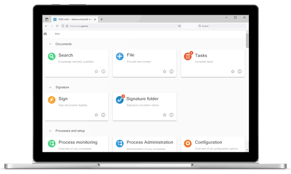 Ein Laptop-Bildschirm zeigt ein ERP-Webanwendungs-Dashboard mit Symbolen und Beschriftungen für Suche, Datei, Aufgaben, Unterschrift, Unterschriftenordner, Prozessüberwachung, Prozessverwaltung und Konfiguration.