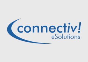 Logo mit dem Wort connectiv! in Blau, mit einem Swoosh-Design auf der linken Seite und ERP eSolutions in kleineren blauen Buchstaben darunter und auf der rechten Seite. Der Hintergrund ist hellgrau.