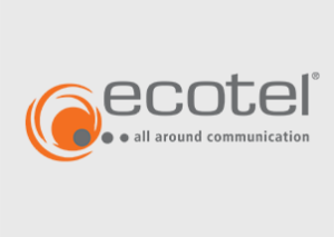 Ecotel-Logo mit einem orangefarbenen kreisförmigen Design auf der linken Seite, dem Wort ecotel in grauen Kleinbuchstaben und der Tagline rund um die Kommunikation darunter mit drei grauen Punkten - ideal für ERP-Lösungen.