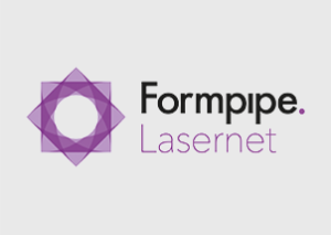 Formpipe Lasernet-Logo mit einem geometrischen violetten Stern, der links einen weißen Kreis umgibt, und Formpipe Lasernet in schwarzem und violettem Text auf der rechten Seite - ideal für ERP-Lösungen.