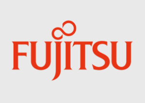 Fujitsu-Logo in fetten roten Buchstaben mit einem stilisierten Unendlichkeitssymbol über dem J auf hellgrauem Hintergrund, das für Innovation bei ERP-Lösungen steht.