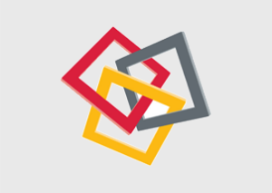 Drei ineinander greifende Quadrate - ein rotes, ein gelbes und ein dunkelgraues - überlappen sich auf einem hellgrauen Hintergrund. So entsteht ein geometrisches, modernes Design, das die vernetzte Natur von ERP-Lösungen widerspiegelt.