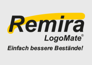 Logo mit dem Text Remira LogoMate Einfach bessere Bestände! in schwarzer Schrift, mit einem gelben Swoosh über Remira. Der Hintergrund ist hellgrau und unterstreicht die ERP-Integration für eine intelligentere Bestandsverwaltung.