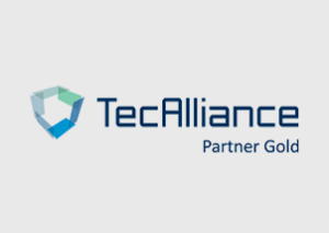TecAlliance Partner Gold-Logo mit einem geometrischen, stilisierten Sechseck auf der linken Seite und dem Schriftzug TecAlliance Partner Gold in blauer Schrift auf hellgrauem Hintergrund, der die vertrauenswürdige ERP-Integration hervorhebt.
