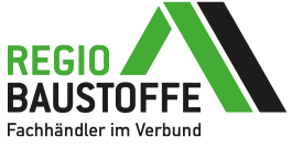 Logo mit grünem und schwarzem stilisiertem Dach über dem Schriftzug REGIO BAUSTOFFE in fetten Buchstaben, der die Kompetenz als ERP-Fachhändler im Verbund hervorhebt, darunter in kleinerer Schrift die Tagline.