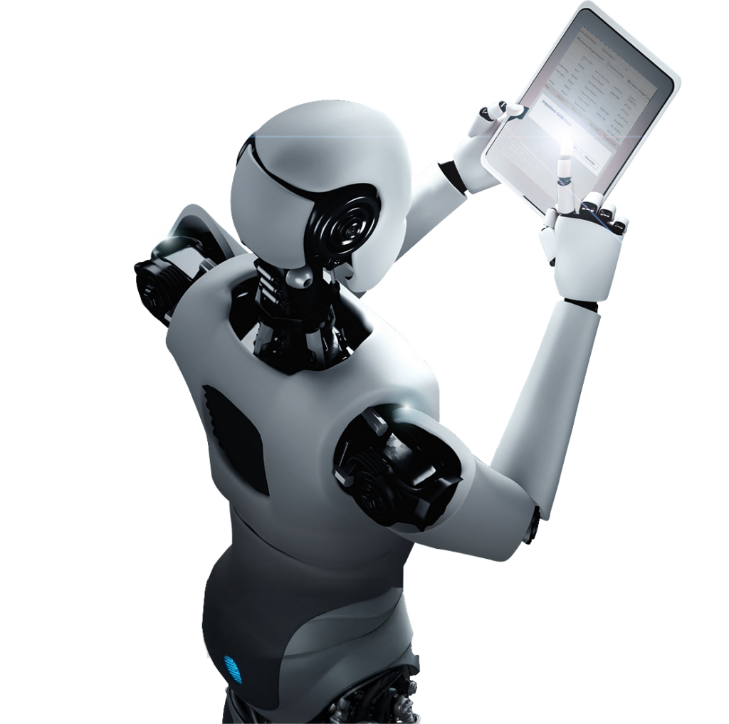 Ein humanoider Roboter steht mit einem Tablet-Gerät in der Hand und scheint die auf dem Bildschirm angezeigten ERP-Daten zu analysieren. Der weiße Hintergrund unterstreicht das futuristische Design des Roboters.