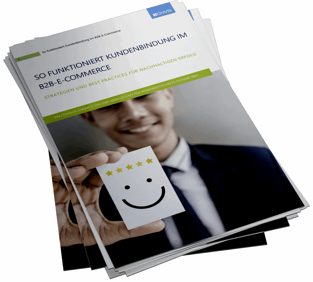 Ein Broschürenstapel mit dem Titel SO FUNKTIONIERT KUNDENBINDUNG IM B2B-E-COMMERCE zeigt einen lächelnden Mann im Anzug, der eine Karte mit fünf Sternen hält. Die Broschüre hebt Strategien zur Kundenbindung und die Vorteile eines benutzerfreundlichen Webshops hervor.