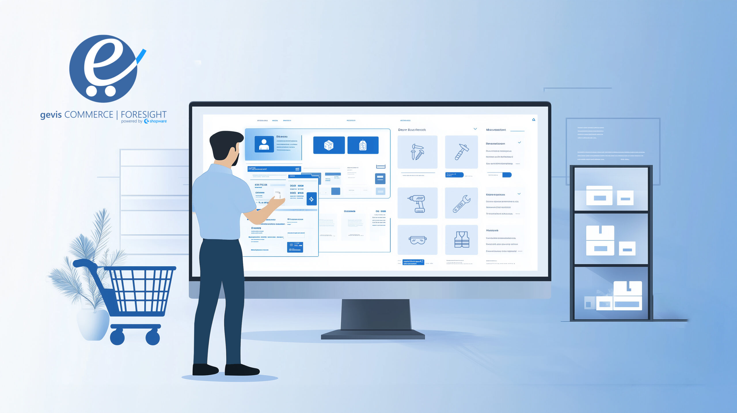 Illustration eines Mannes an einem großen Computerbildschirm, der eine E-Commerce-Website mit ERP-Integration anzeigt, mit einem Einkaufswagen, einer Topfpflanze und Lagerregalen mit Kisten im Hintergrund. Das Logo von gevis Commerce Foresight ist auf der linken Seite zu sehen.