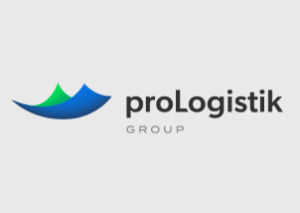 Logo für die proLogistik Group mit zwei geschwungenen Formen, einer blauen und einer grünen, die links vom Firmennamen in fetter schwarzer und grauer Schrift auf hellem Hintergrund abstrakte Spitzen bilden und die Kompetenz für ERP-Lösungen darstellen.