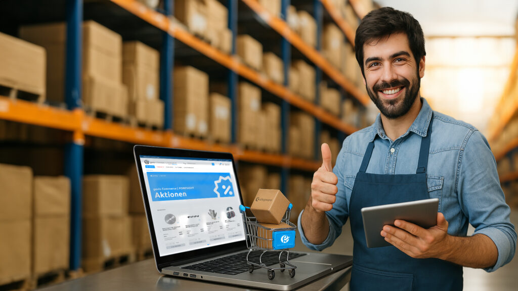 Ein lächelnder Mann in einer Schürze steht in einem Lagerhaus, hält ein Tablet in der Hand und zeigt den Daumen nach oben. Vor ihm steht ein Laptop, auf dem ein ERP-gestützter Online-Shop und ein Mini-Einkaufswagen mit kleinen Paketen zu sehen sind.