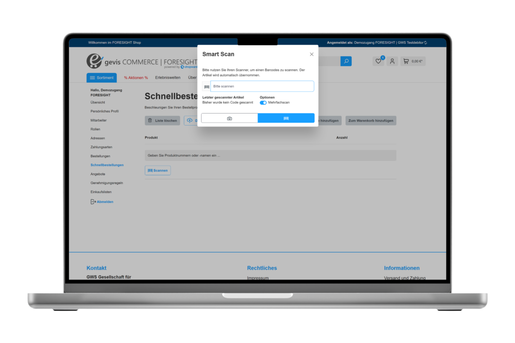 Auf dem Bildschirm eines Laptops wird eine in die Warenwirtschaft integrierte deutsche Online-Bestellplattform mit einem Smart-Scan-Pop-up-Fenster angezeigt, das den Benutzer auffordert, einen Barcode zu scannen, und Optionen zum Abbrechen oder Fortfahren enthält.