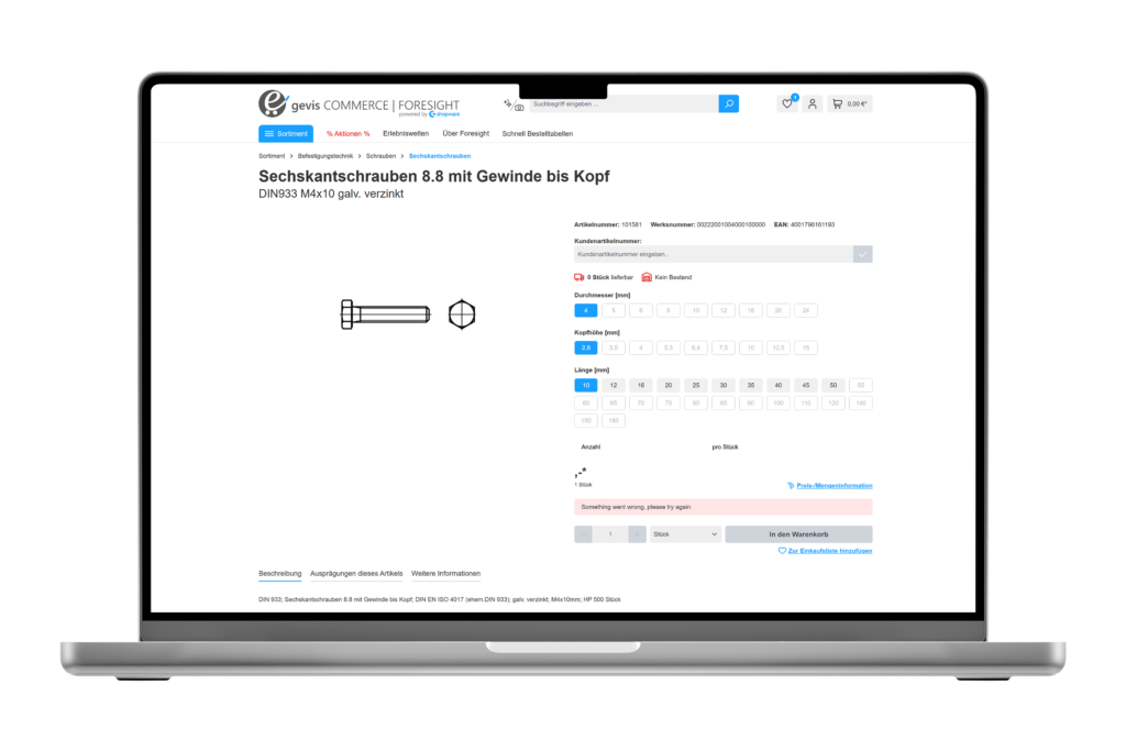 Ein Laptop zeigt eine Online-Shop-Seite für eine Sechskantschraube DIN933 mit Produktdetails, ERP-gesteuerten Bestandsdaten, Abmessungen, Auswahlmöglichkeiten, Preisen und einer illustrierten Abbildung der Schraube.