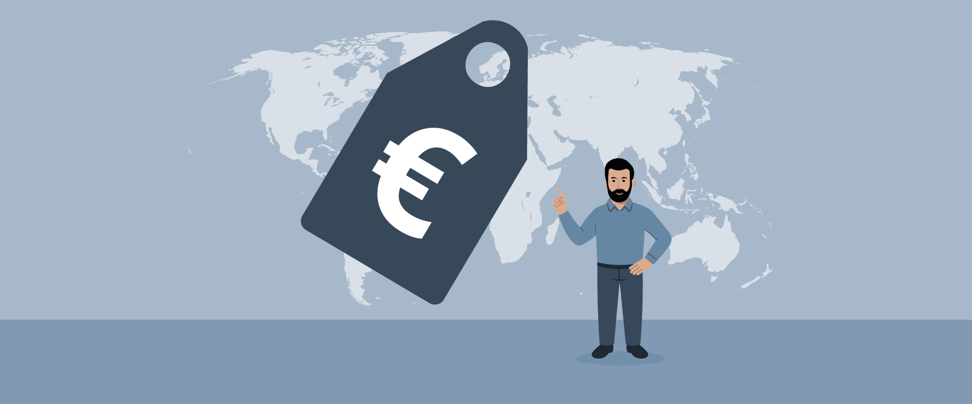 Illustration eines Mannes, der vor einer Weltkarte steht und auf ein großes Preisschild mit einem Euro (€)-Symbol zeigt.