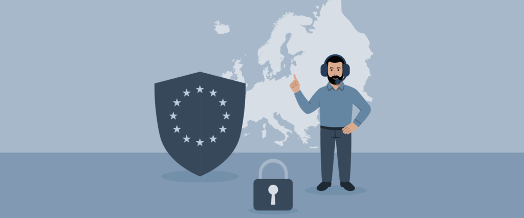 Ein Mann zeigt nach oben, während er neben einem großen Schild mit EU-Sternen und einem Vorhängeschloss steht, mit einer Europakarte im Hintergrund, die Datenschutz und Privatsphäre in der EU symbolisiert.