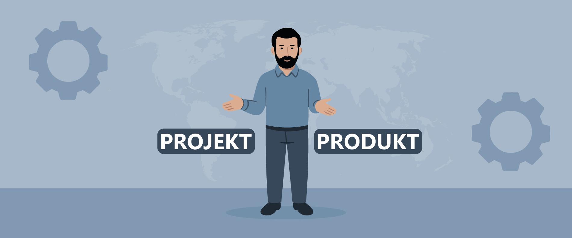 Illustration eines Mannes, der zwischen zwei großen Zahnrädern steht, mit den Worten PROJEKT und PRODUKT neben ihm, vor einem Hintergrund einer Weltkarte.