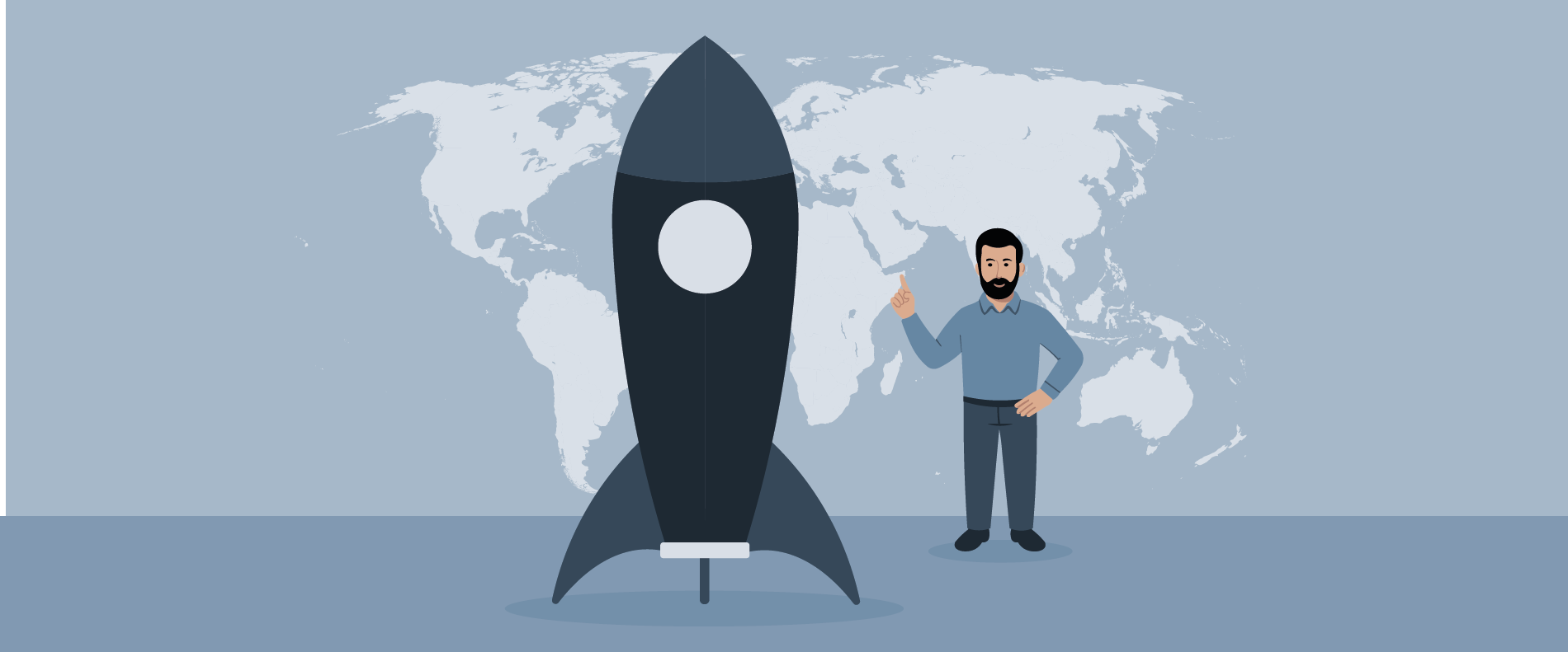 Ein bärtiger Mann steht neben einer großen Raketendarstellung, die nach oben zeigt, mit einer Weltkarte im Hintergrund. Die Szene ist in gedämpften Blau- und Grautönen gehalten.