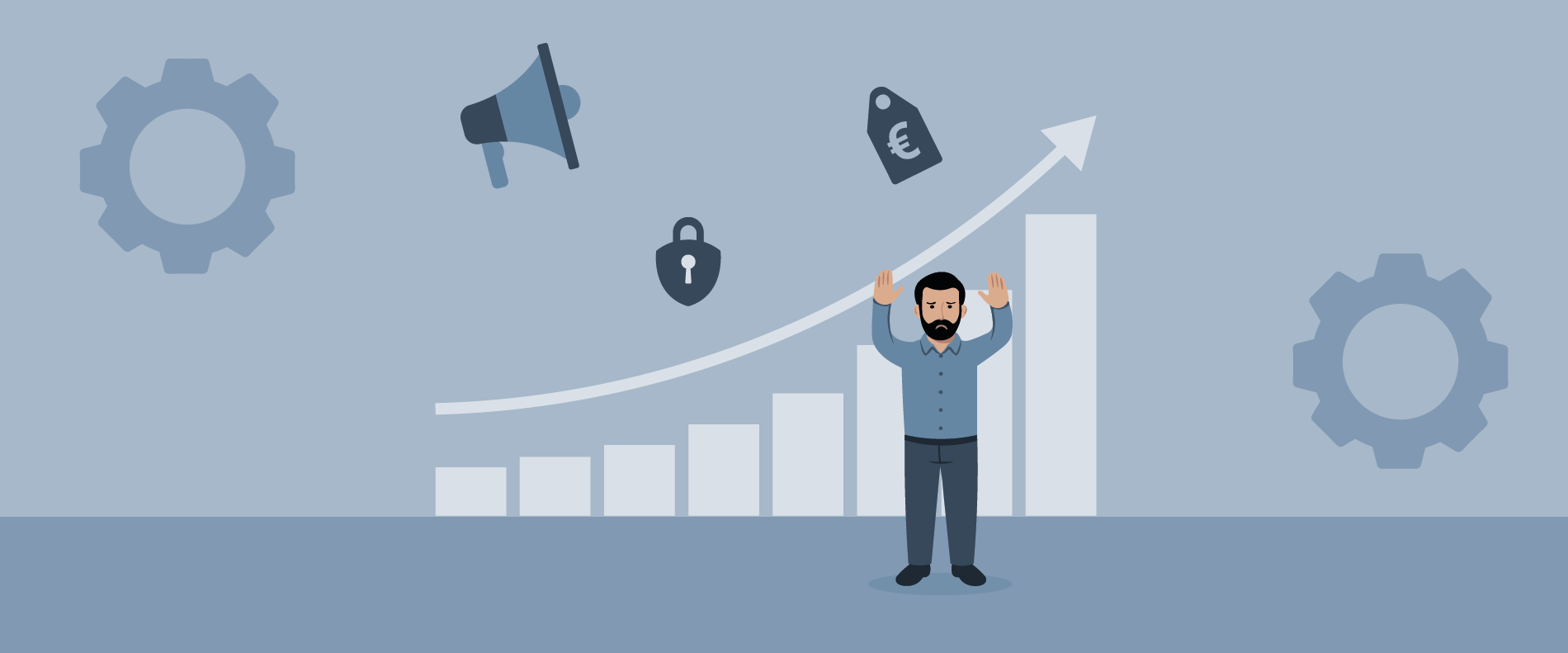Illustration eines Mannes, der vor einem Balkendiagramm mit einem Aufwärtspfeil steht, umgeben von den Symbolen eines Zahnrads, eines Megaphons, eines Preisschilds und eines Vorhängeschlosses, die Geschäftswachstum und Herausforderungen symbolisieren.