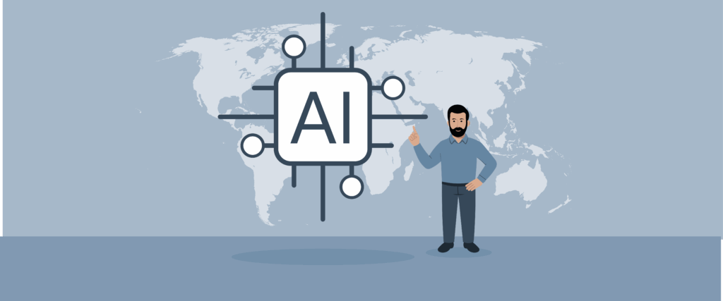 Illustration eines Mannes, der neben einer großen KI-Chip-Grafik steht, mit einer Weltkarte im Hintergrund, die die Auswirkungen der KI im E-Commerce und der globalen Technologie der künstlichen Intelligenz darstellt.