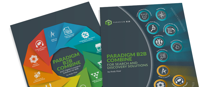 shopware-ausszeichnung-2025 Gezeigt werden zwei Paradigm B2B Combine-Berichte. Das eine Titelbild zeigt eine bunte, kreisförmige Infografik, während das andere Symbole in blauen Kreisen darstellt. Beide heben Geschäftslösungen und Analysen für B2B-Unternehmen hervor.