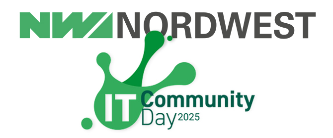 Logo für NW Nordwest über einer grünen Splash-Grafik mit dem Schriftzug IT Community Day 2025 darin, wobei IT in einem fetten grünen Kreis steht.
