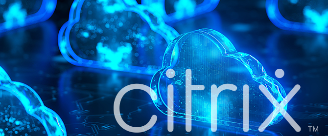 Leuchtend blaue Wolkensymbole auf einem digitalen Hintergrund, die Cloud Computing symbolisieren, mit dem Wort Citrix in großen weißen Buchstaben am unteren Rand.