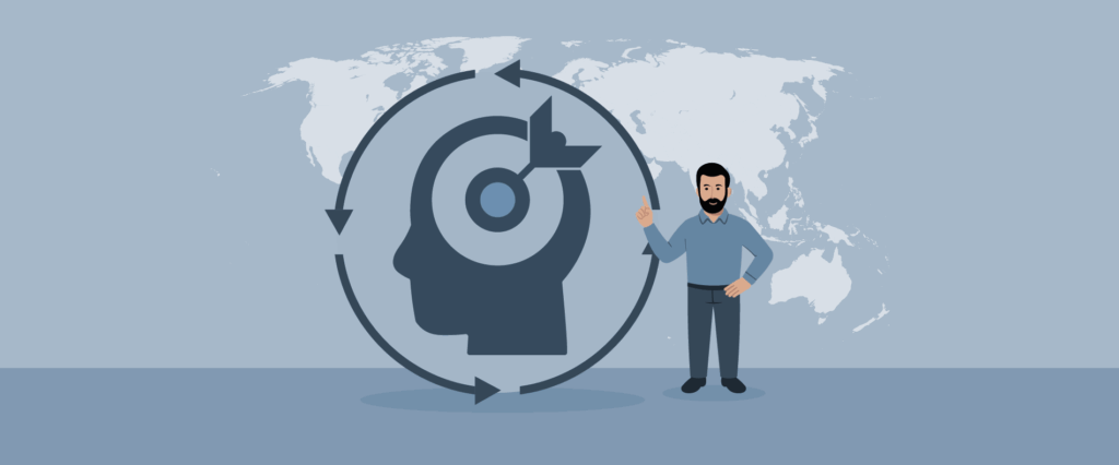 Ein illustrierter Mann steht neben einer großen Kopfsilhouette mit einer Zielscheibe und Pfeilen darin, die von Pfeilen umgeben sind - ein Symbol für Neuer Shop Change Management. Im Hintergrund ist schwach eine Weltkarte zu erkennen.