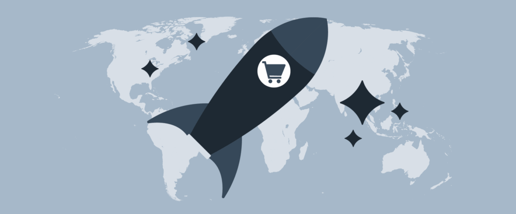 Eine Rakete mit einem Einkaufswagen-Symbol startet vor einer Weltkarte, umgeben von funkelnden Sternen, die das Skalieren des E-Commerce und das rasante Wachstum des Online-Handels weltweit symbolisieren.