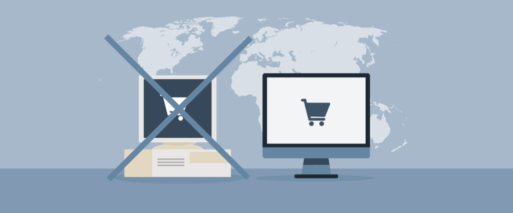 Ein moderner Monitor mit einem Einkaufswagen-Symbol steht neben einem alten, durchgestrichenen Computer auf einer Weltkarte und verdeutlicht den Übergang vom veralteten Online-Shop im Großhandel zum modernen Online-Shopping.
