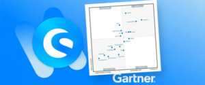 Ein blauer, abstrakter Hintergrund zeigt das Commercetools-Logo auf der linken Seite und ein verschwommenes Gartner Magic Quadrant-Diagramm auf der rechten Seite, das die Präsenz von Commercetools im Gartner Magic Quadrant hervorhebt, mit dem Gartner-Logo am unteren Rand.