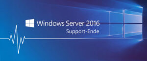 Blaue Grafik mit dem Windows-Logo, dem Text Windows Server 2016 Support-Ende und einer weißen Herzschlaglinie, die das Ende der Unterstützung für Windows Server 2016 anzeigt.