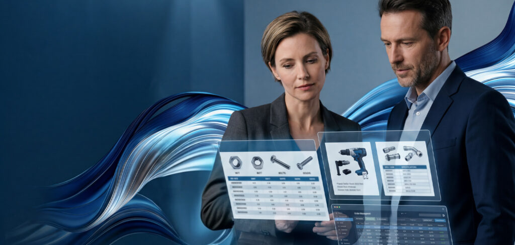 Zwei Geschäftsleute blicken auf schwebende digitale Bildschirme, auf denen Diagramme, Tabellen und Werkzeugbilder angezeigt werden, mit einem abstrakten blauen Wirbel im Hintergrund, der an futuristische Technologie und Datenanalyse erinnert.