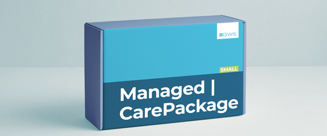 Eine blaue und blaugrüne Schachtel mit der Aufschrift Managed CarePackage SMALL und einem kleinen weißen GWS-Logo in der oberen rechten Ecke, die auf einer hellen Fläche vor einem blassen Hintergrund steht.