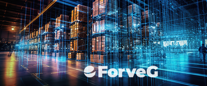Ein modernes Lagerhaus mit hohen Regalen, in denen sich Kisten stapeln, digital überlagert von leuchtenden blauen Linien, die fortschrittliche Technologie darstellen. Der Schriftzug "ForveG" ist prominent im Vordergrund zu sehen.
