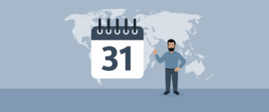 Ein Mann mit Bart steht neben einem großen Kalenderblatt mit der Zahl 31, die auf eine bevorstehende E-Commerce-Veranstaltung hinweist, mit einer Weltkarte im Hintergrund. Die Szene ist in gedämpften Blau- und Grautönen gehalten.