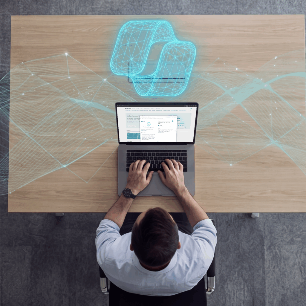Eine Person arbeitet an einem Laptop an einem Holztisch, über dem blaue digitale Wellen und eine leuchtende geometrische Form schweben, was eine Verschmelzung von Technologie und Innovation suggeriert.