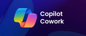 Ein farbenfrohes, abstraktes Logo neben dem Schriftzug „Copilot Cowork“ auf einem dunkelblau-lila Farbverlaufshintergrund.