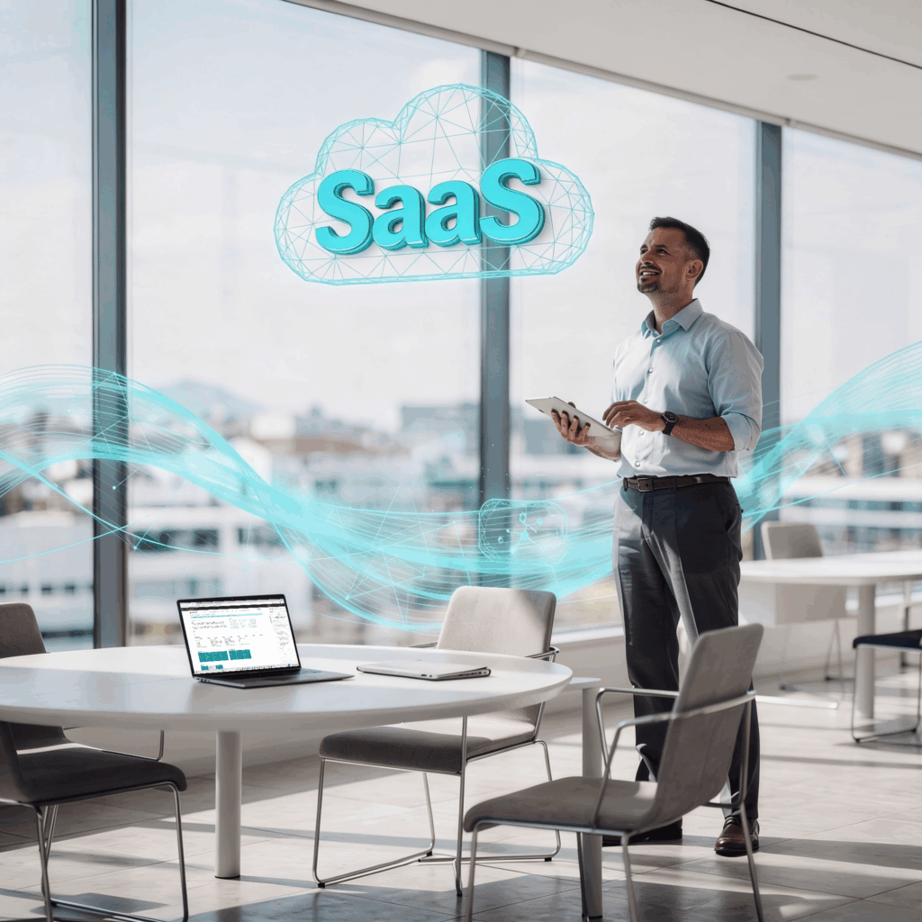Ein Mann steht in einem modernen Büro, hält ein Tablet in der Hand, lächelt, und auf einem Tisch in seiner Nähe steht ein Laptop. Im Hintergrund sind eine digitale SaaS-Cloud-Grafik und blaue digitale Wellen zu sehen, die die Cloud-Technologie symbolisieren.