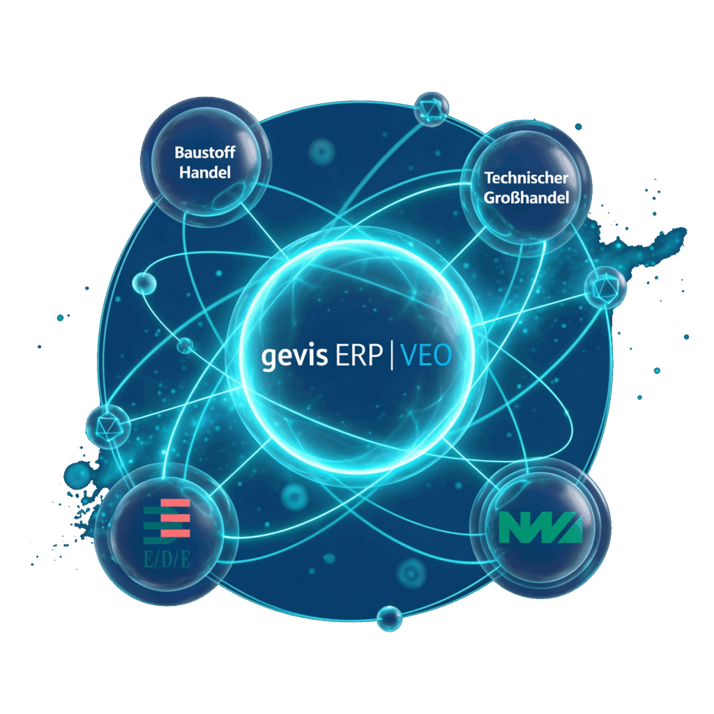 Eine digitale Grafik zeigt „gevis ERP | VEO“ im Mittelpunkt, umgeben von vier Kugeln mit den Bezeichnungen „Baustoffhandel“, „Technischer Großhandel“ sowie zwei Logos für EDE und NWi, die durch leuchtende Linien auf einem blauen, kosmisch anmutenden Hintergrund miteinander verbunden sind.