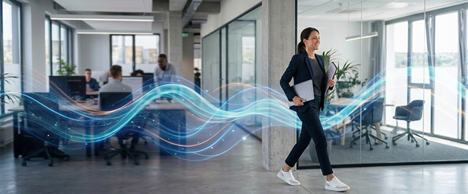 Eine Frau in Business-Kleidung geht mit Akten in der Hand durch ein modernes Büro; im Hintergrund ist eine blaue digitale Wellen-Grafik eingeblendet, und man sieht Kollegen bei der Arbeit.
