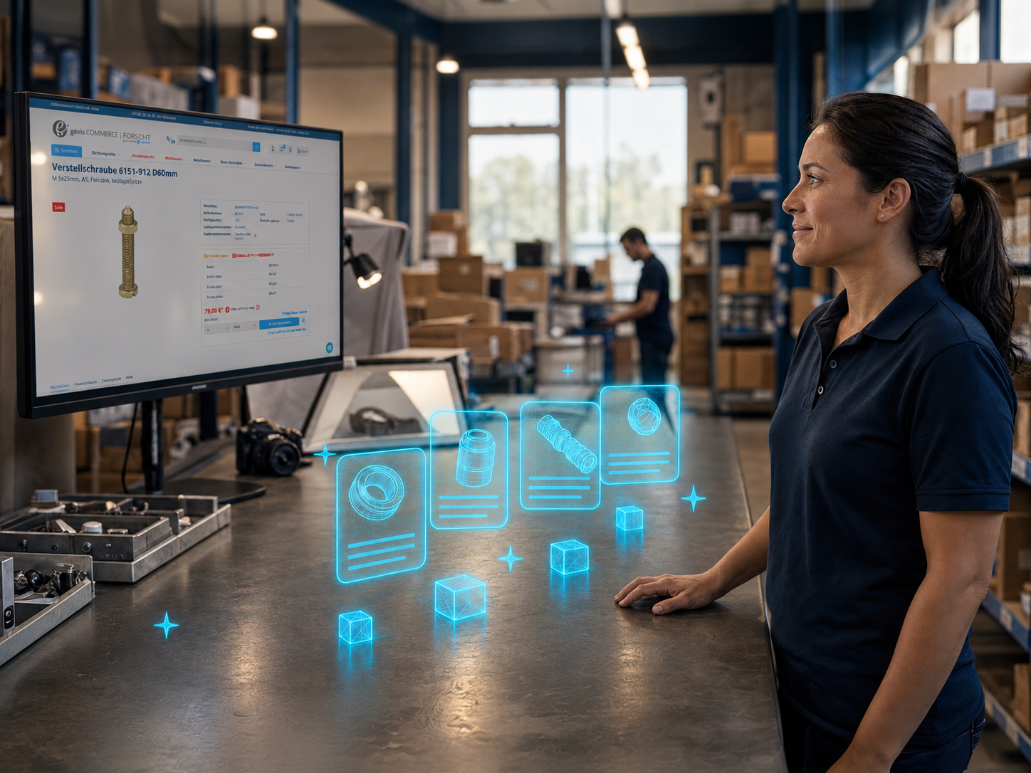 Eine Frau in einem Lagerhaus blickt auf einen großen Monitor, auf dem ein mechanisches Bauteil zu sehen ist. Auf den Tisch werden blaue holografische Symbole von Bauteilen und Kartons projiziert, was auf den Einsatz modernster digitaler Technologie hindeutet.