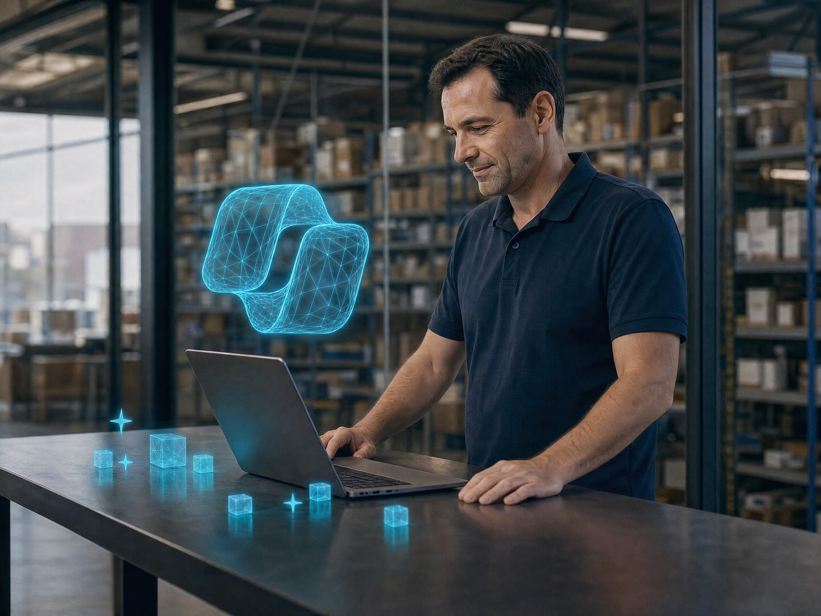 Mitarbeiter am Stehtisch mit Notebook, Copilot-Symbol eingeblendet
