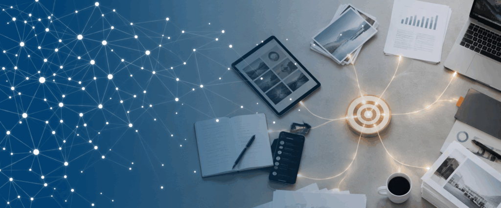 Ein Schreibtischarbeitsplatz mit einem Tablet, einem Notebook und einem zentralen, kreisförmigen Zielsymbol, die alle durch digitale Linien- und Knotengrafiken miteinander verbunden sind.